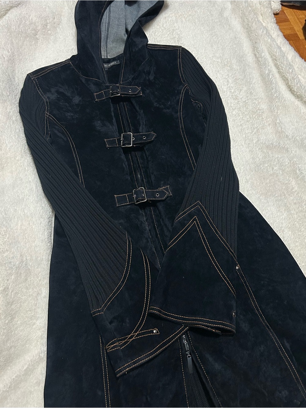 Hooded Black Suede & Knit Trim Long Coat